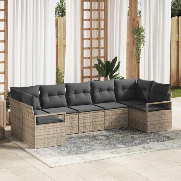 ARDEBO.de - 7-teilige Garten Sofa Set mit Kissen Grau Poly Rattan, 2-Sitzer Garten Sofa mit Stauraum & Kissen Grau Poly Rattan
