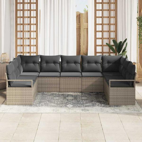 7-teilige Garten Sofa Set mit Kissen Grau Poly Rattan, 2-Sitzer Garten Sofa mit Stauraum & Kissen Grau Poly Rattan