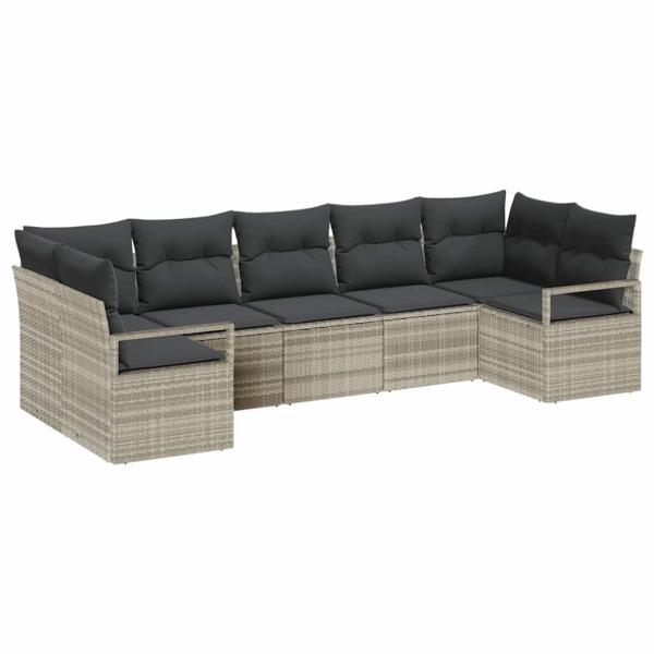 7-teiliges Garten Sofa Set mit Kissen Hellgrau Poly Rattan, 2-Sitzer Garten Sofa mit Stauraum & Kissen Grau Poly Rattan
