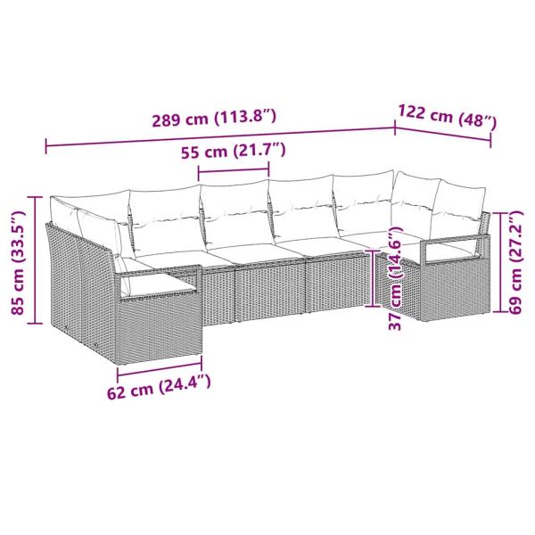 7-teiliges Garten Sofa Set mit Kissen Hellgrau Poly Rattan, 2-Sitzer Garten Sofa mit Stauraum & Kissen Grau Poly Rattan
