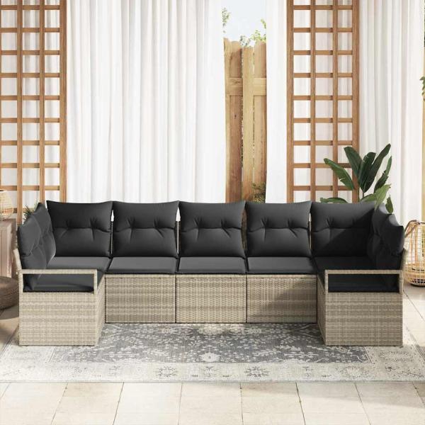 7-teiliges Garten Sofa Set mit Kissen Hellgrau Poly Rattan, 2-Sitzer Garten Sofa mit Stauraum & Kissen Grau Poly Rattan
