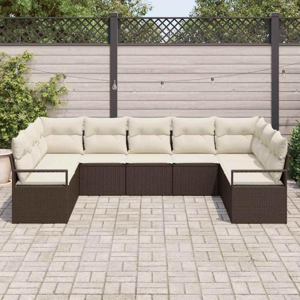 9-teiliges Garten Sofa Set mit Kissen Braun Poly Rattan, 2-Sitzer Garten Sofa mit Stauraum & Kissen Braun Poly Rattan