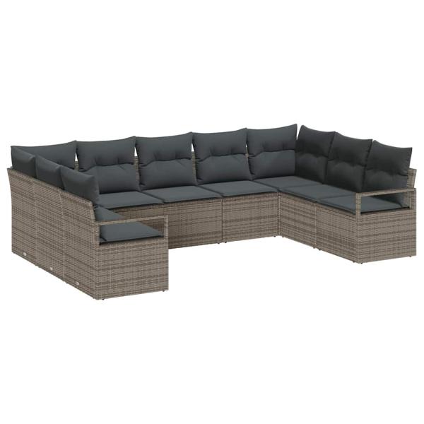 9-teiliges Garten-Sofa-Set mit Kissen Grau Poly Rattan, 2-Sitzer Garten-Sofa mit Stauraum & Kissen Grau Poly Rattan