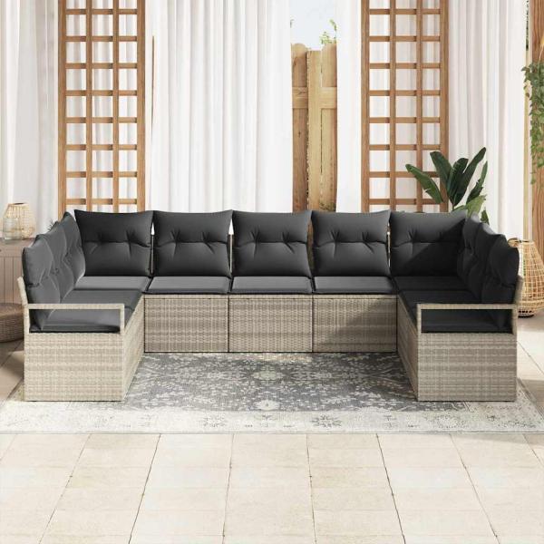 9-teiliges Garten Sofa Set mit Kissen Hellgrau Poly Rattan, 2-Sitzer Garten Sofa mit Stauraum und Kissen Grau Poly Rattan