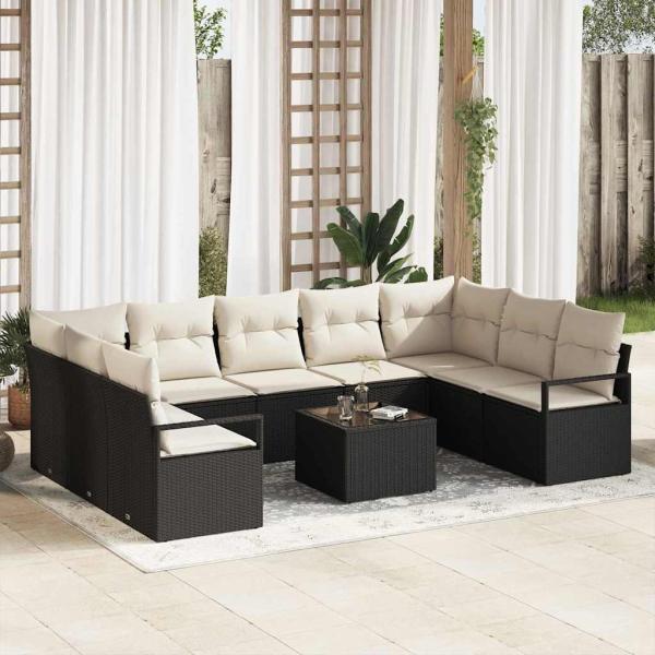ARDEBO.de - 9-teilige Garten-Sofa-Set mit Kissen braunes Poly-Rattan, 2-Sitzer Garten-Sofa mit Stauraum & Kissen schwarzes Poly-Rattan