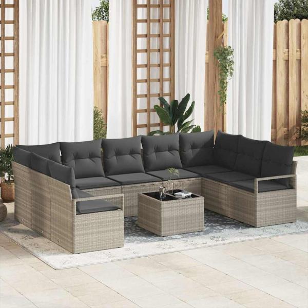 ARDEBO.de - 10-teiliges Garten-Sofa-Set mit Kissen Grau Poly-Rattan, 2-Sitzer Garten-Sofa mit Stauraum & Kissen Grau Poly-Rattan