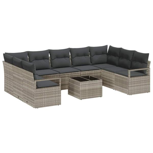 10-teiliges Garten-Sofa-Set mit Kissen Grau Poly-Rattan, 2-Sitzer Garten-Sofa mit Stauraum & Kissen Grau Poly-Rattan
