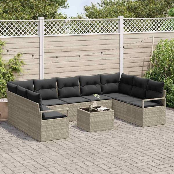 10-teiliges Garten-Sofa-Set mit Kissen Grau Poly-Rattan, 2-Sitzer Garten-Sofa mit Stauraum & Kissen Grau Poly-Rattan