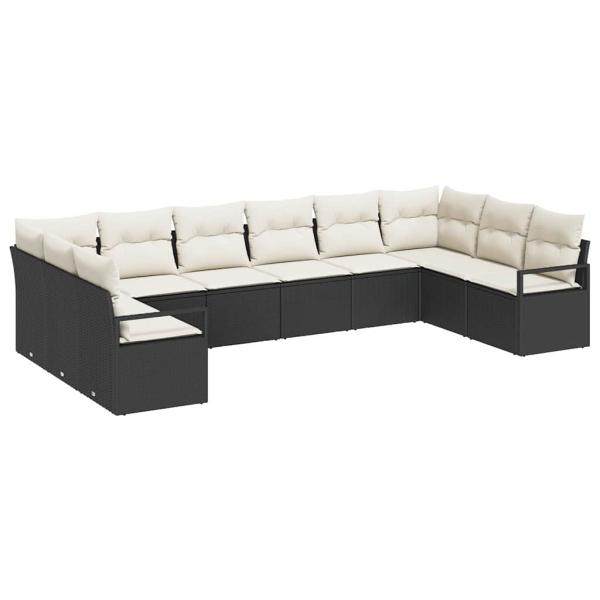 ARDEBO.de - 10-teiliges Garten Sofa Set mit Kissen Schwarz Poly Rattan, 2-Sitzer Garten Sofa mit Stauraum & Kissen Schwarz Poly Rattan