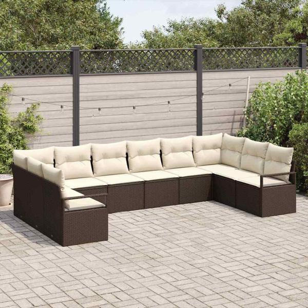 10-teiliges Garten Sofa Set mit Kissen Braun Poly Rattan, 2-Sitzer Garten Sofa mit Stauraum & Kissen Braun Poly Rattan