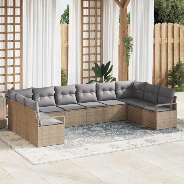 ARDEBO.de - 10-teiliges Garten Sofa Set mit Kissen Beigefarbenes Poly Rattan, 2-Sitzer Garten Sofa mit Stauraum & Kissen Beigefarbenes Poly Rattan