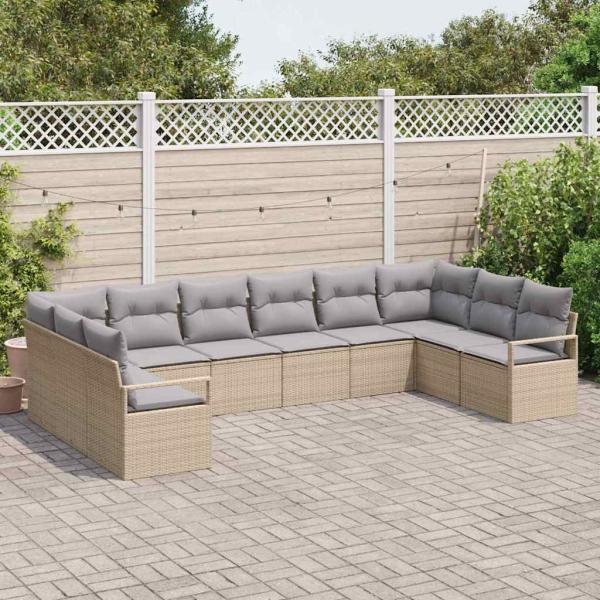 10-teiliges Garten Sofa Set mit Kissen Beigefarbenes Poly Rattan, 2-Sitzer Garten Sofa mit Stauraum & Kissen Beigefarbenes Poly Rattan