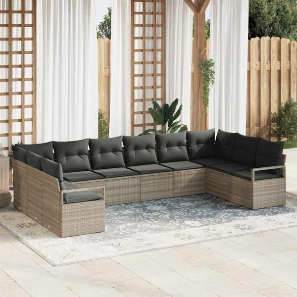 ARDEBO.de - 10-teiliges Garten Sofa Set mit Kissen Hellgraues Poly Rattan, 2-Sitzer Garten Sofa mit Stauraum & Kissen Grau Poly Rattan