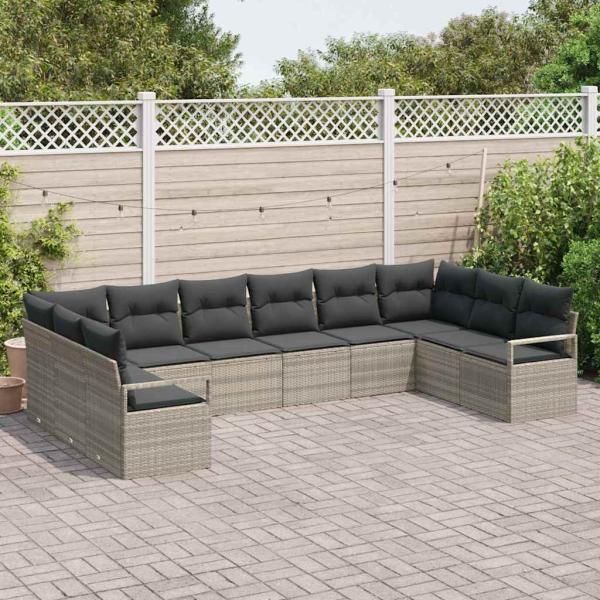 10-teiliges Garten Sofa Set mit Kissen Hellgraues Poly Rattan, 2-Sitzer Garten Sofa mit Stauraum & Kissen Grau Poly Rattan