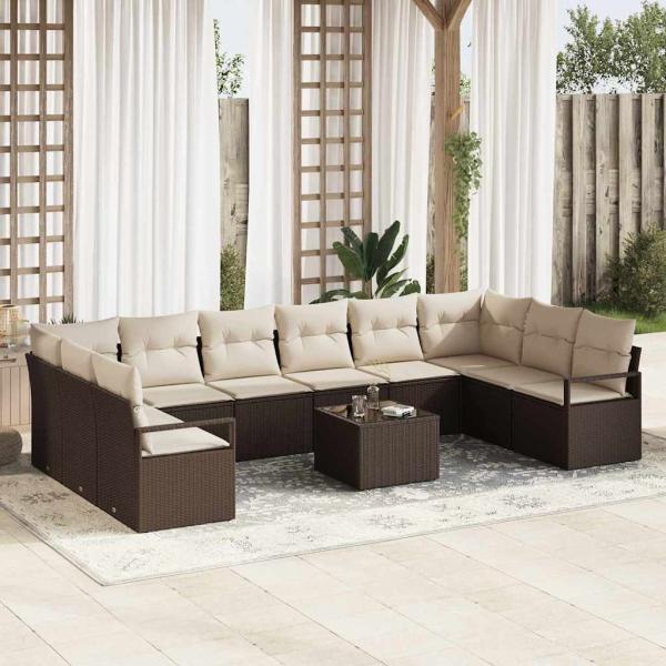 ARDEBO.de - 10-teiliges Garten Sofa Set mit Kissen - graues Poly Rattan, 2-Sitzer Garten Sofa mit Stauraum & Kissen - braunes Poly Rattan
