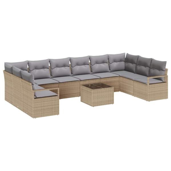 11-teiliges Garten Sofa Set mit Kissen Schwarz Poly Rattan, 2-Sitzer Garten Sofa mit Stauraum & Kissen Beige Poly Rattan