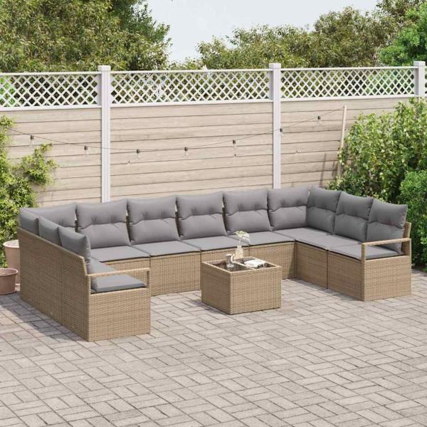 11-teiliges Garten Sofa Set mit Kissen Schwarz Poly Rattan, 2-Sitzer Garten Sofa mit Stauraum & Kissen Beige Poly Rattan