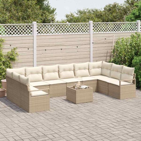 11-teiliges Garten Sofa Set mit Kissen Braun Poly Rattan, 2-Sitzer Garten Sofa mit Stauraum & Kissen Beige Poly Rattan