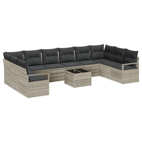 11-teiliges Garten Sofa Set mit Kissen Grau Poly Rattan, 2-Sitzer Garten Sofa mit Stauraum & Kissen Grau Poly Rattan