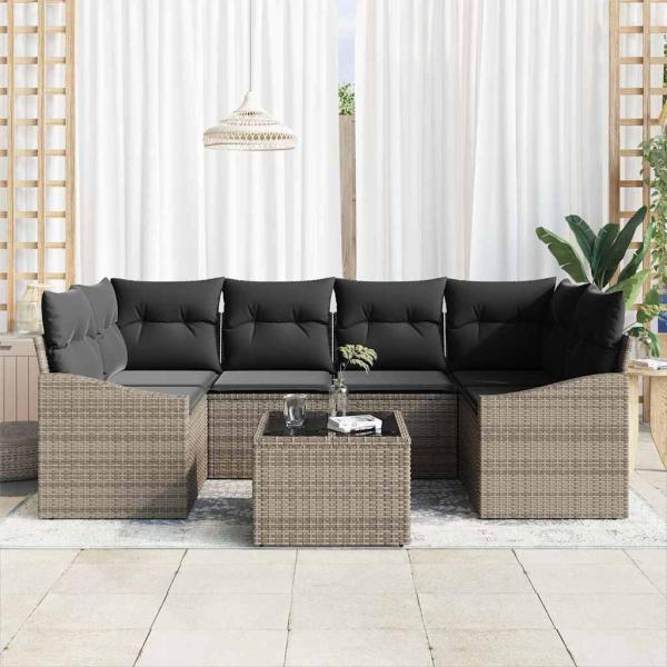 7-teiliges Garten-Essgruppen-Set mit Kissen Grau Poly Rattan