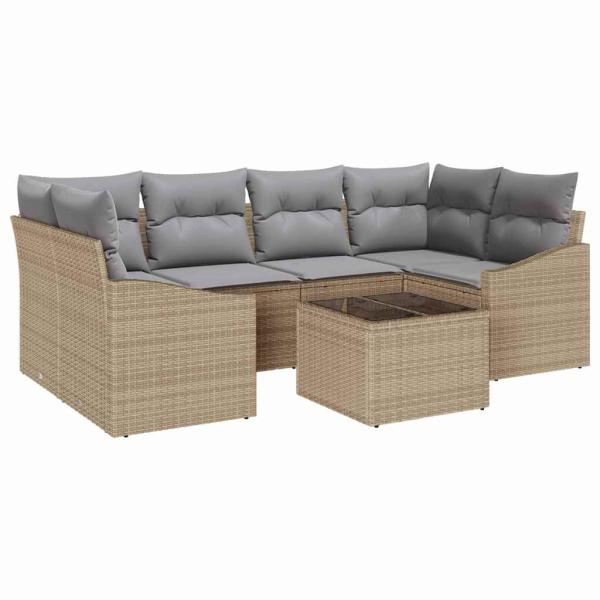 7-teiliges Garten-Essgruppen-Set mit Kissen Beige Poly Rattan