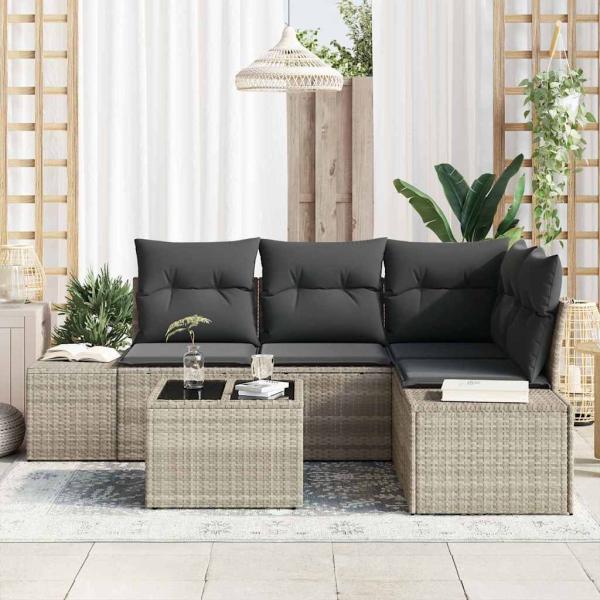 5-teiliges Garten Sofa Set mit Kissen Grau Poly Rattan