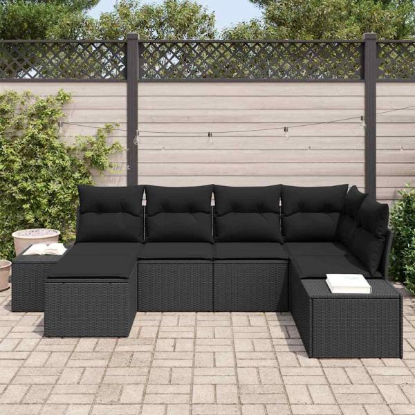6-teiliges Garten-Sofa-Set mit Kissen Schwarz Poly Rattan