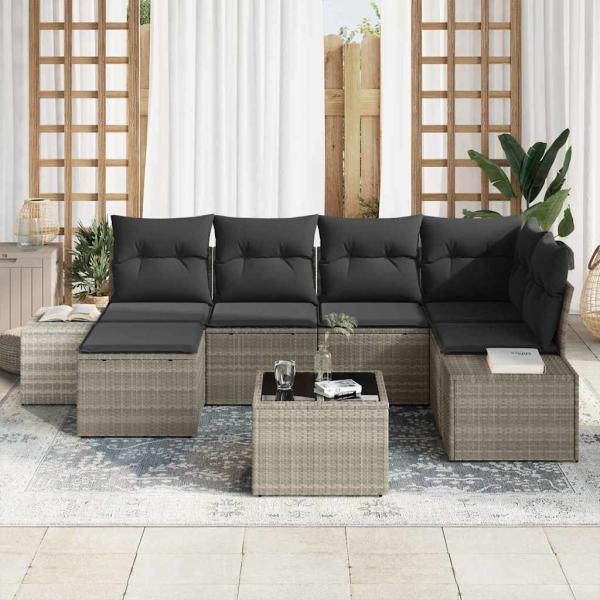 7-teiliges Garten Sofa Set mit Kissen Graues Poly Rattan