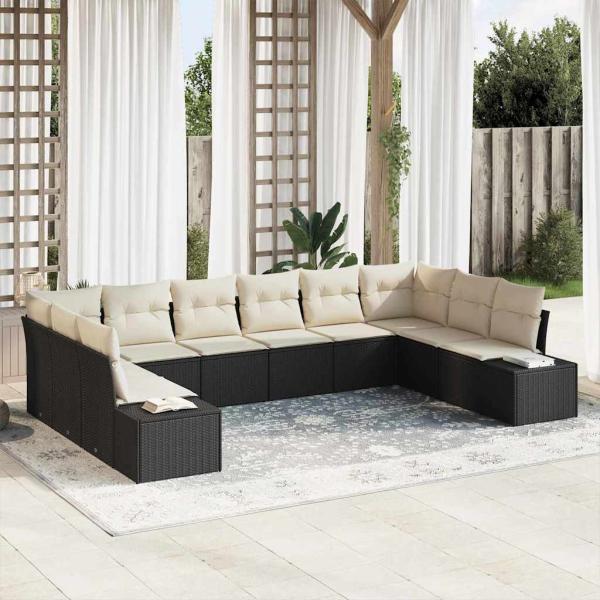 ARDEBO.de - 10-teiliges Garten Sofa Set mit Kissen Schwarz Poly Rattan