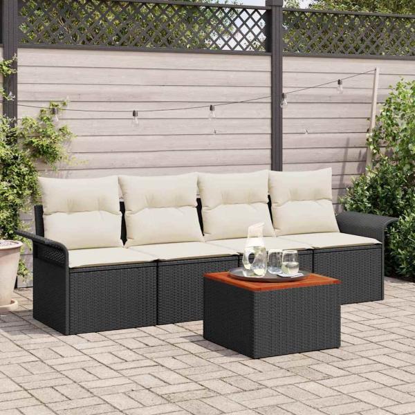 ARDEBO.de - 5-teiliges Garten Sofa Set mit Kissen Schwarz Poly Rattan Akazie, 2-Sitzer Garten Sofa mit Stauraum & Kissen Schwarz Poly Rattan