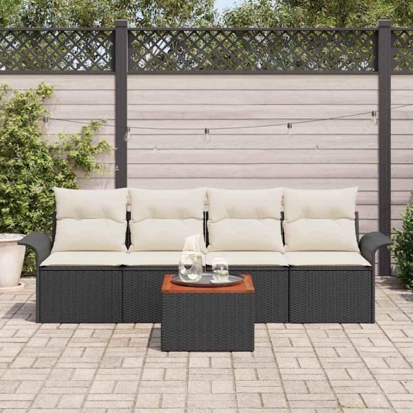 5-teiliges Garten Sofa Set mit Kissen Schwarz Poly Rattan Akazie, 2-Sitzer Garten Sofa mit Stauraum & Kissen Schwarz Poly Rattan
