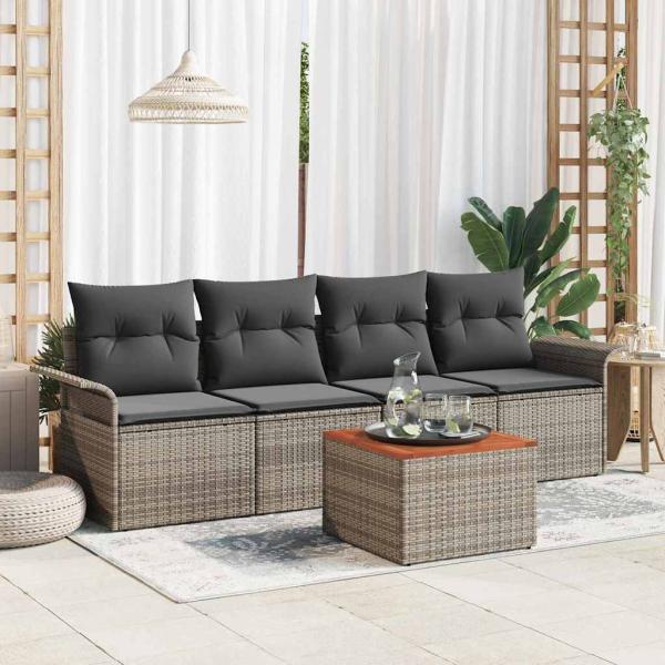 ARDEBO.de - 5-teiliges Garten Sofa Set mit Kissen Grau Poly Rattan Akazie, 2-Sitzer Garten Sofa mit Stauraum & Kissen Grau Poly Rattan