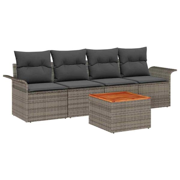 5-teiliges Garten Sofa Set mit Kissen Grau Poly Rattan Akazie, 2-Sitzer Garten Sofa mit Stauraum & Kissen Grau Poly Rattan