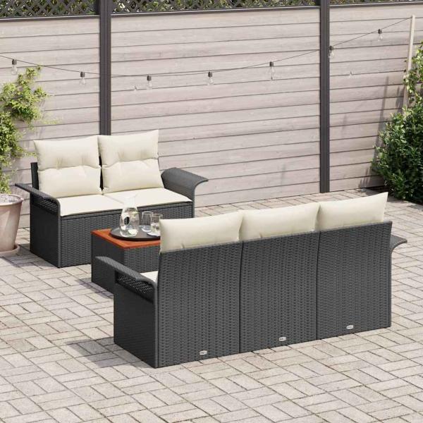 6-teiliges Garten Sofa Set mit Kissen Schwarz Poly Rattan Akazie, 2-Sitzer Garten Sofa mit Stauraum & Kissen Schwarz Poly Rattan