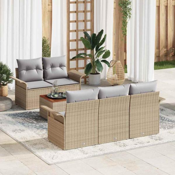 ARDEBO.de - 6-teiliges Garten-Sofa-Set mit Kissen Beige Poly Rattan Akazie, 2-Sitzer Garten-Sofa mit Stauraum & Kissen Beige Poly Rattan