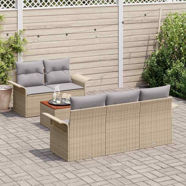 6-teiliges Garten-Sofa-Set mit Kissen Beige Poly Rattan Akazie, 2-Sitzer Garten-Sofa mit Stauraum & Kissen Beige Poly Rattan