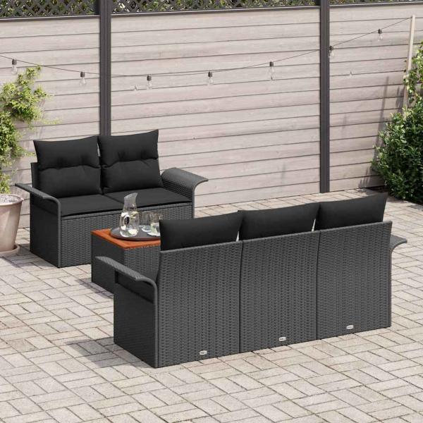 6-teiliges Garten Sofa Set mit Kissen Schwarz Poly Rattan Akazie, 2-Sitzer Garten Sofa mit Stauraum & Kissen Schwarz Poly Rattan