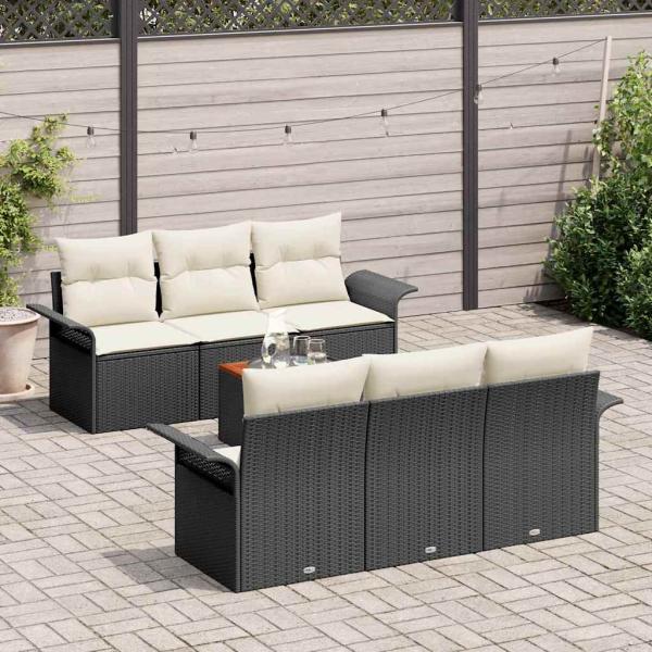ARDEBO.de - 7-teiliges Garten Sofa Set mit Kissen Schwarz Poly Rattan Akazie, 2-Sitzer Garten Sofa mit Stauraum & Kissen Schwarz Poly Rattan