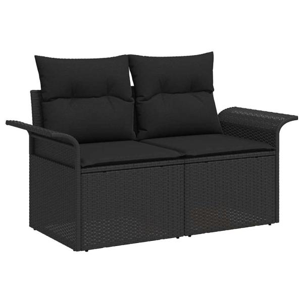 7-teiliges Garten-Sofa-Set mit Kissen Schwarz Poly-Rattan Akazie, 2-Sitzer Garten-Sofa mit Stauraum & Kissen Schwarz Poly-Rattan