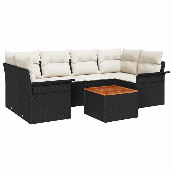 7-teiliges Garten-Sofa-Set mit Kissen Schwarz Poly-Rattan Akazie, 2-Sitzer Garten-Sofa mit Stauraum & Kissen Schwarz Poly-Rattan