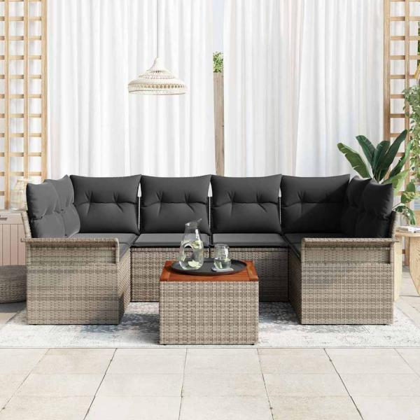 ARDEBO.de - 7-teiliges Garten Sofa Set mit Kissen Grau Poly Rattan Akazie, 2-Sitzer Garten Sofa mit Stauraum & Kissen Grau Poly Rattan