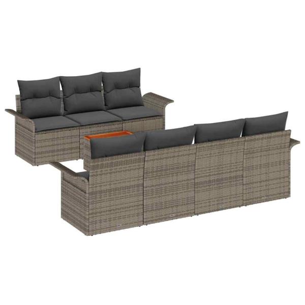 8-teiliges Garten-Sofa-Set mit Kissen Grau Poly Rattan Akazie, 2-Sitzer Garten-Sofa mit Stauraum & Kissen Grau Poly Rattan