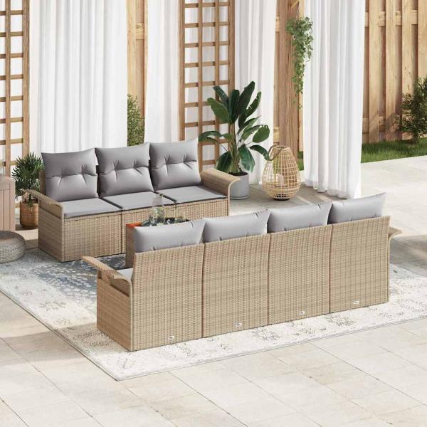 ARDEBO.de - 8-teiliges Garten Sofa Set mit Kissen Beige Poly Rattan Akazie, 2-Sitzer Garten Sofa mit Stauraum & Kissen Beige Poly Rattan