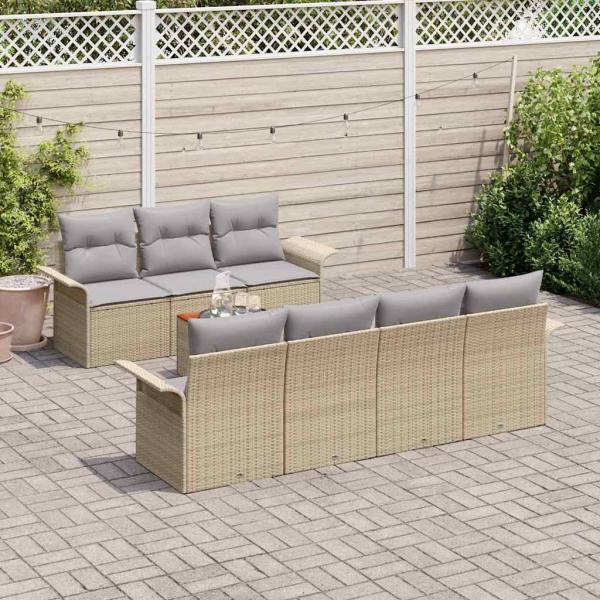 8-teiliges Garten Sofa Set mit Kissen Beige Poly Rattan Akazie, 2-Sitzer Garten Sofa mit Stauraum & Kissen Beige Poly Rattan