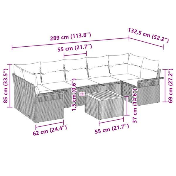 8-teilige Garten Sofa Set mit Kissen Beige Poly Rattan Akazie, 2-Sitzer Garten Sofa mit Stauraum & Kissen Beige Poly Rattan