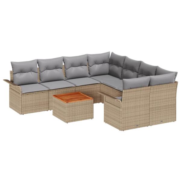 9-teiliges Garten-Sofa-Set mit Kissen Beige Poly Rattan Akazie, 2-Sitzer Garten-Sofa mit Stauraum & Kissen Beige Poly Rattan