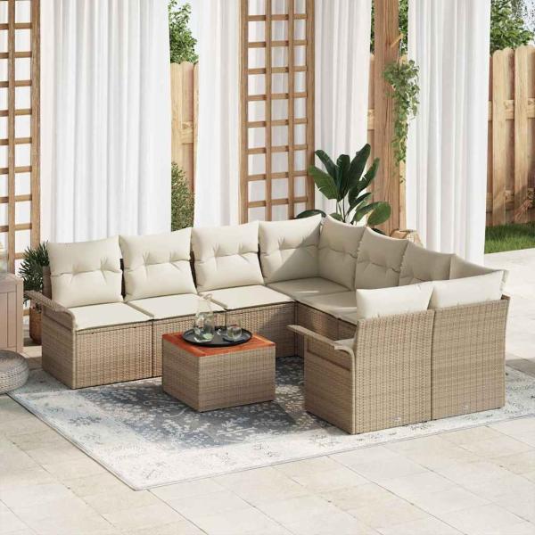 ARDEBO.de - 9-teiliges Garten Sofa Set mit Kissen Beige Poly Rattan Akazie, 2-Sitzer Garten Sofa mit Stauraum & Kissen Beige Poly Rattan