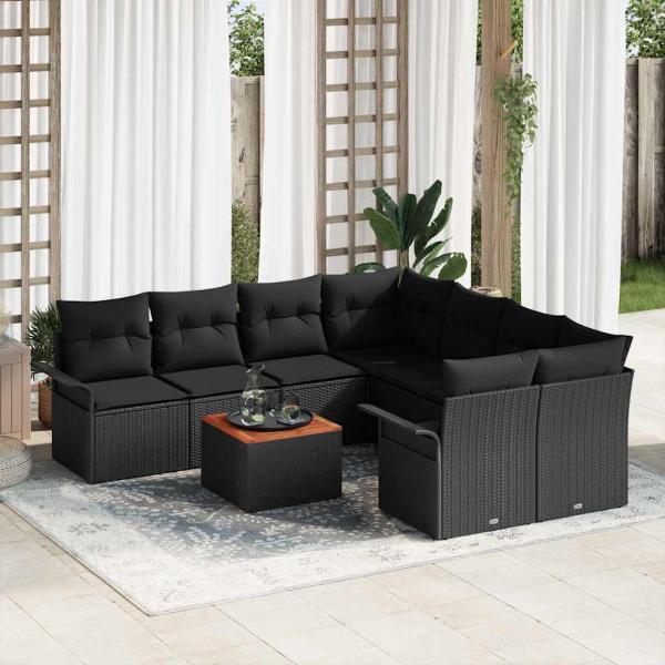ARDEBO.de - 9-teiliges Garten-Sofa-Set mit Kissen Schwarz Poly-Rattan Akazie, 2-Sitzer Garten-Sofa mit Stauraum und Kissen Schwarz Poly-Rattan