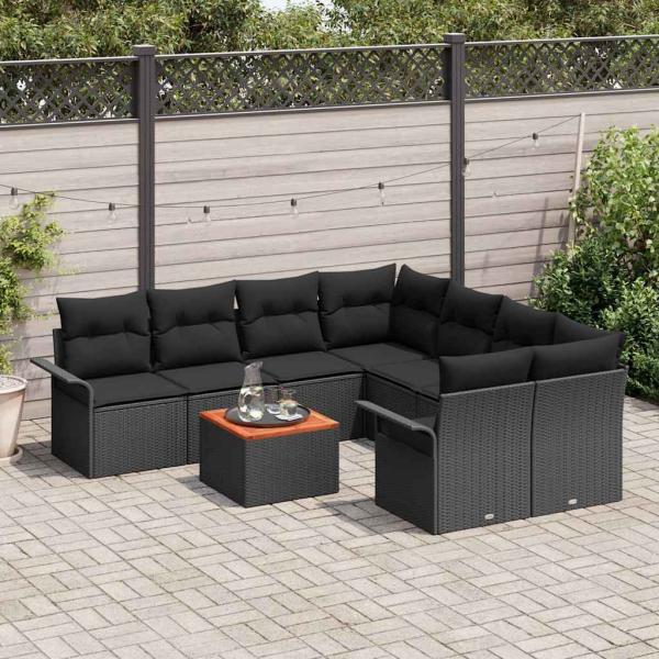 9-teiliges Garten-Sofa-Set mit Kissen Schwarz Poly-Rattan Akazie, 2-Sitzer Garten-Sofa mit Stauraum und Kissen Schwarz Poly-Rattan