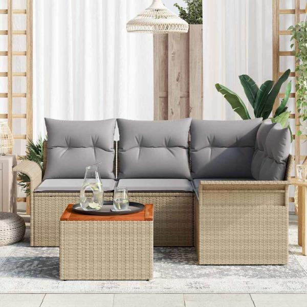 5-teilige Garten Sofa Set mit Kissen Beige Poly Rattan Akazie, 2-Sitzer Garten Sofa mit Stauraum & Kissen Beige Poly Rattan